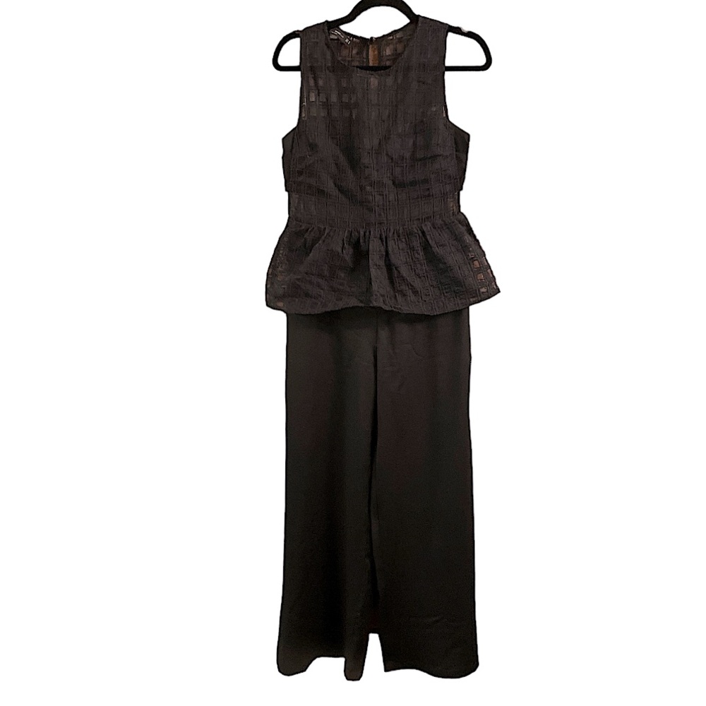 Mango Black Peplum Jumpsuit with Side Cutout and‎ Lace Overlay M